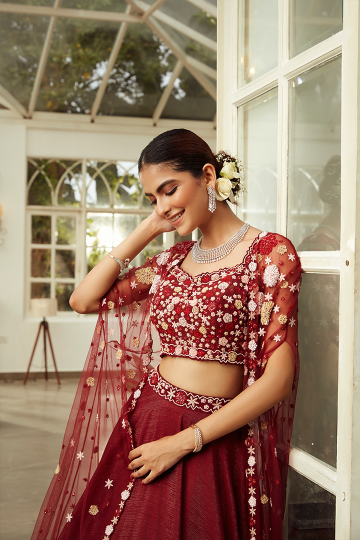 AA09 Mahogany Red Floral Embroidered Cape Lehenga Set