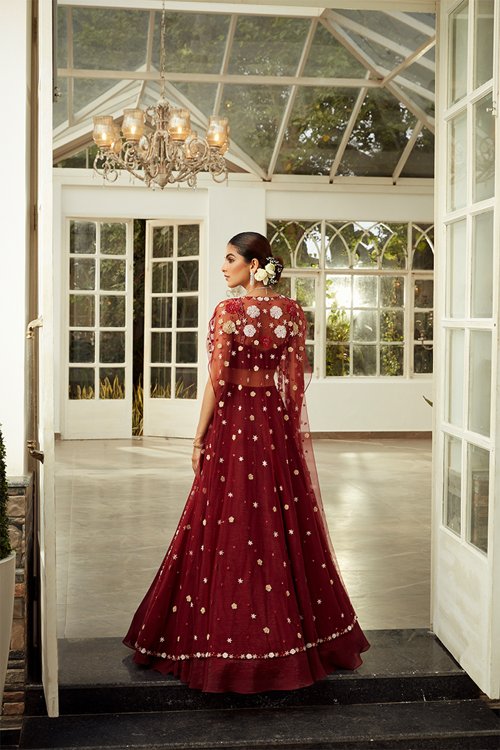 AA09 Mahogany Red Floral Embroidered Cape Lehenga Set