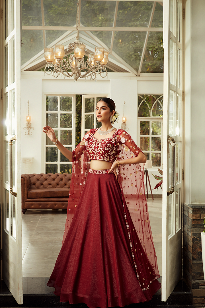 AA09 Mahogany Red Floral Embroidered Cape Lehenga Set