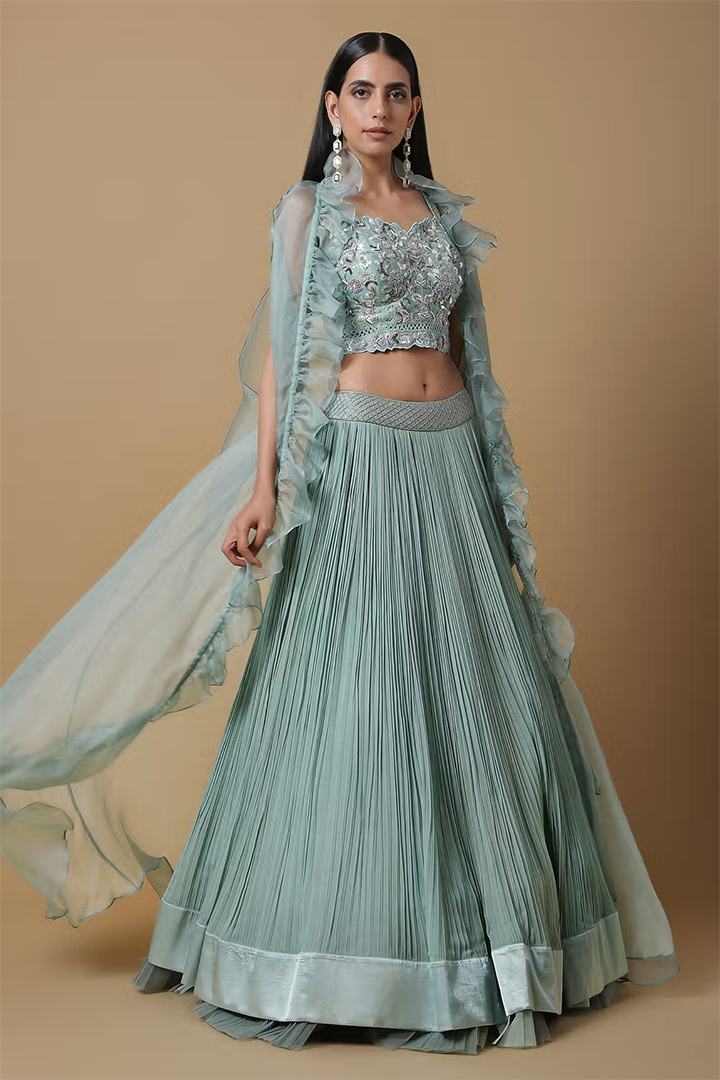 C008 Pleated Lehenga with Ruffled Cape