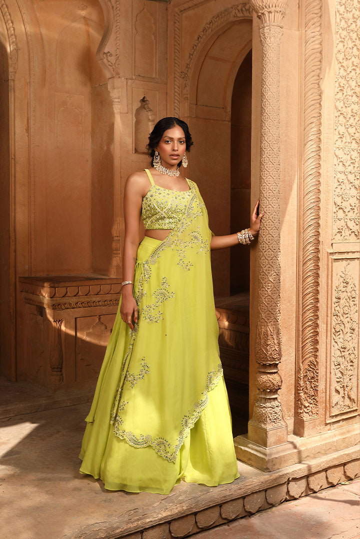 Lime Green Embroidered Lehenga Cape Set