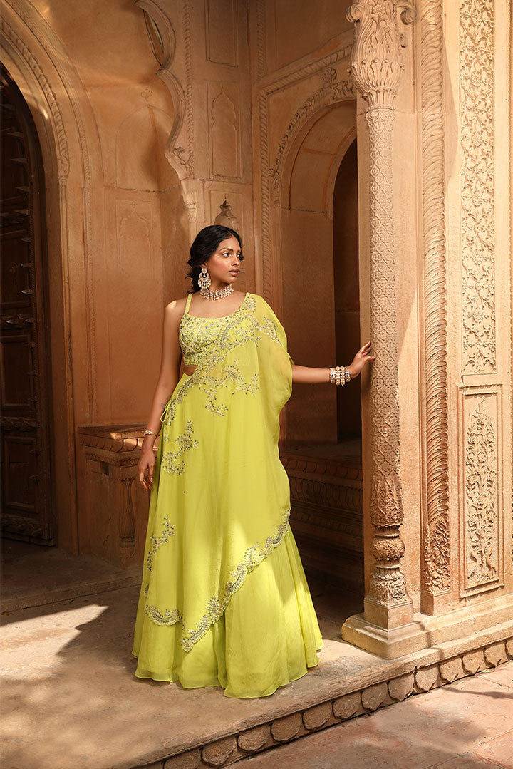 Lime Green Embroidered Lehenga Cape Set