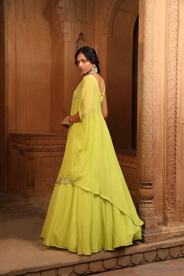 Lime Green Embroidered Lehenga Cape Set