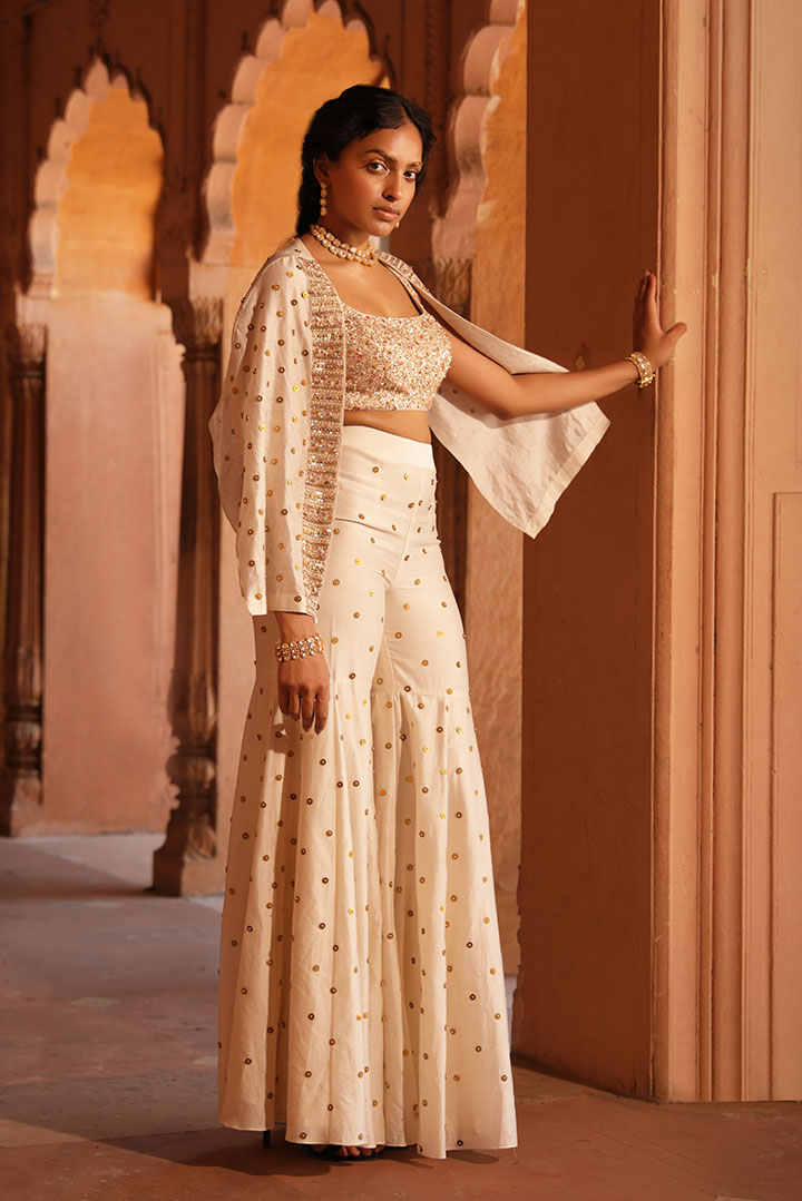 Ivory Gharara Cape Jacket Set