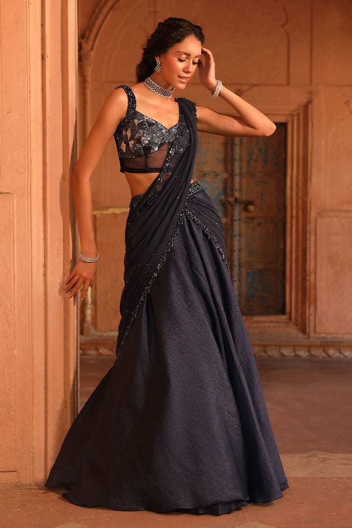 Midnight Blue Draped Saree Gown