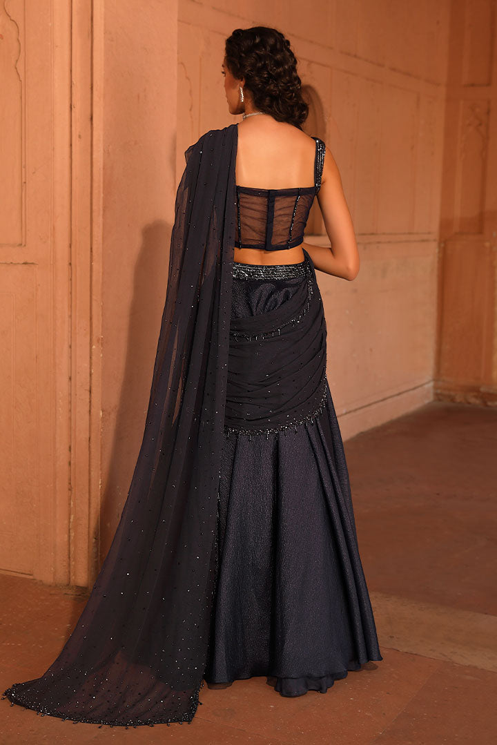 Midnight Blue Draped Saree Gown