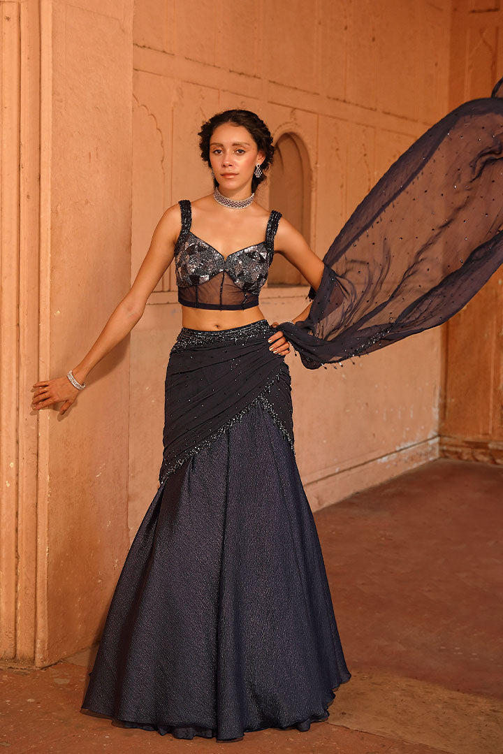 Midnight Blue Draped Saree Gown