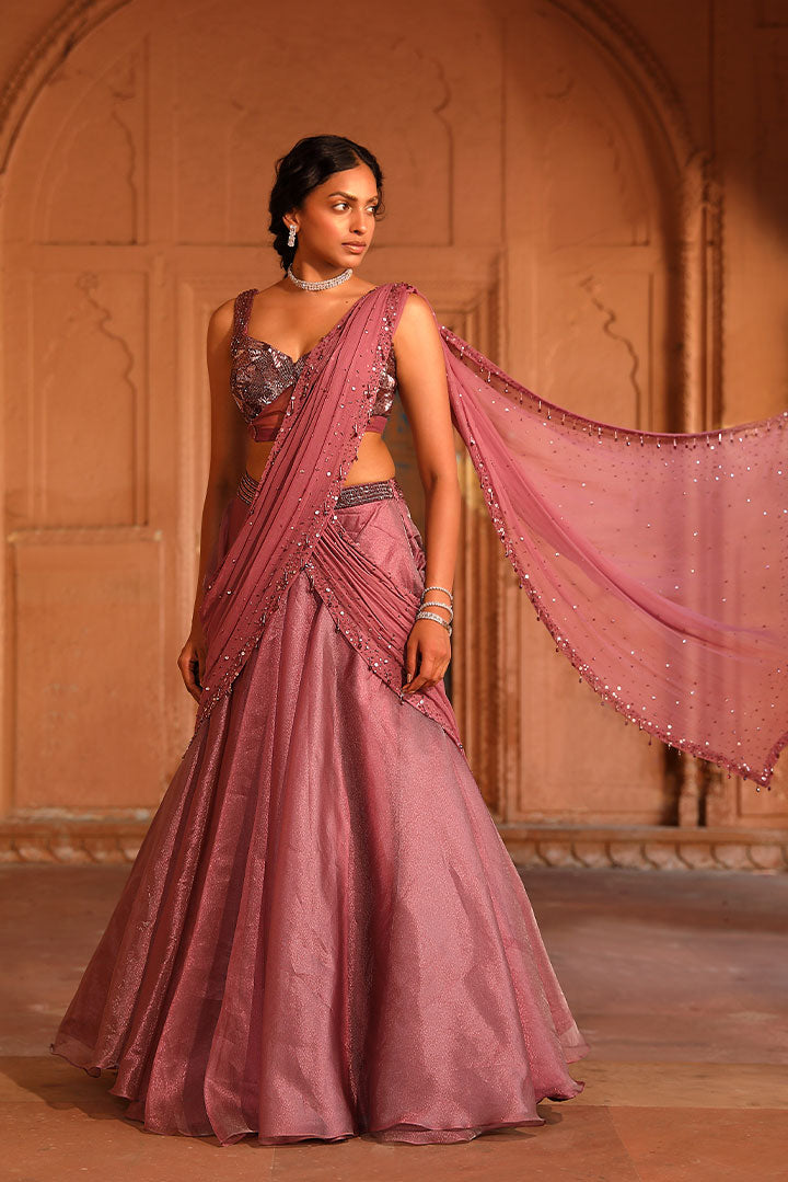 Wine Pre Draped Lehenga Set