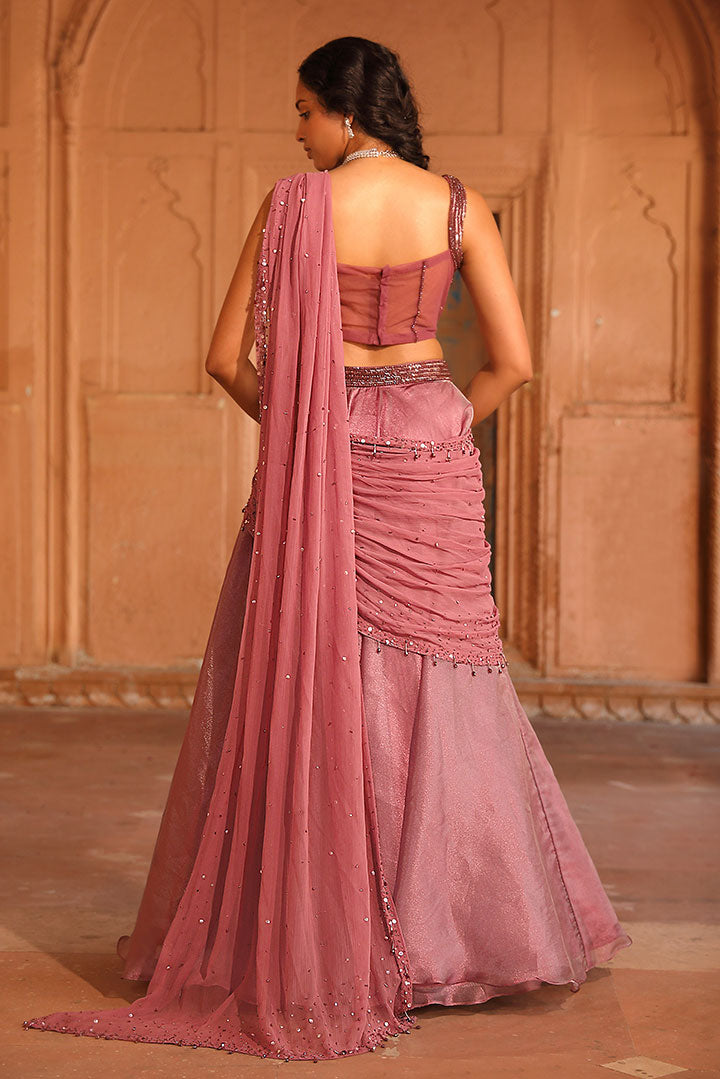 Wine Pre Draped Lehenga Set