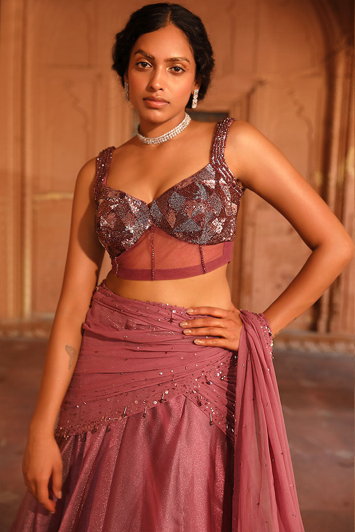 Wine Pre Draped Lehenga Set