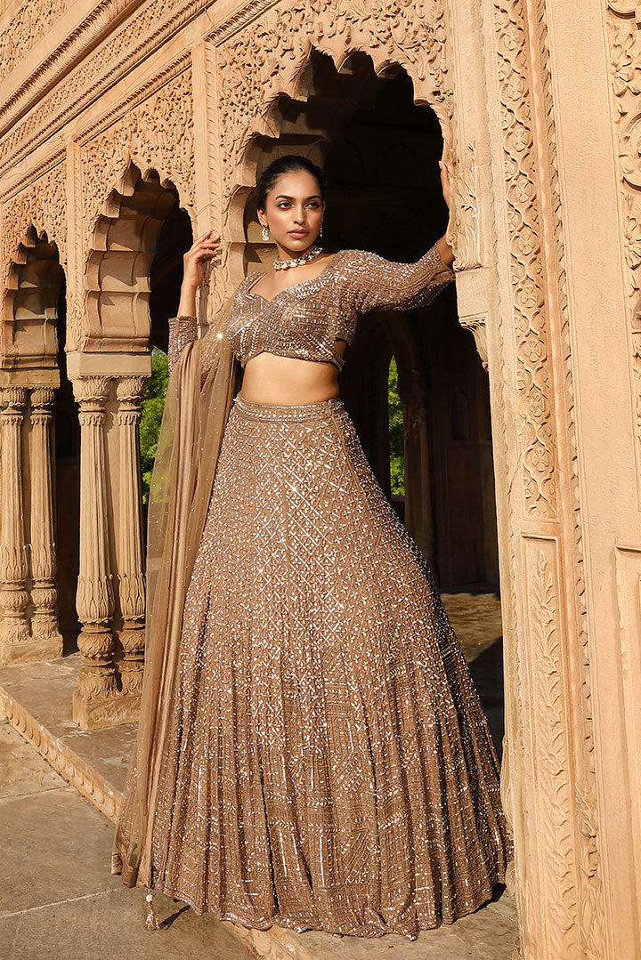 Copper Gold Sequin Pearl Embellished Lehenga Set