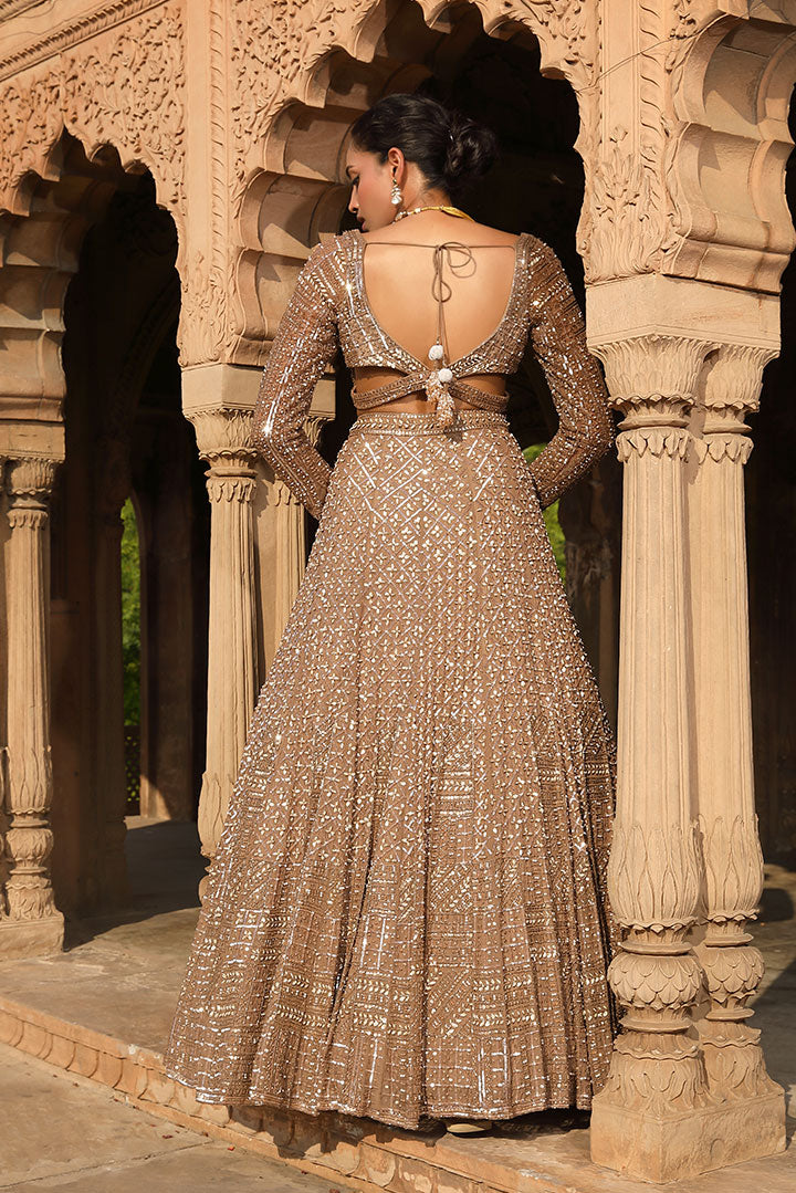 Copper Gold Sequin Pearl Embellished Lehenga Set