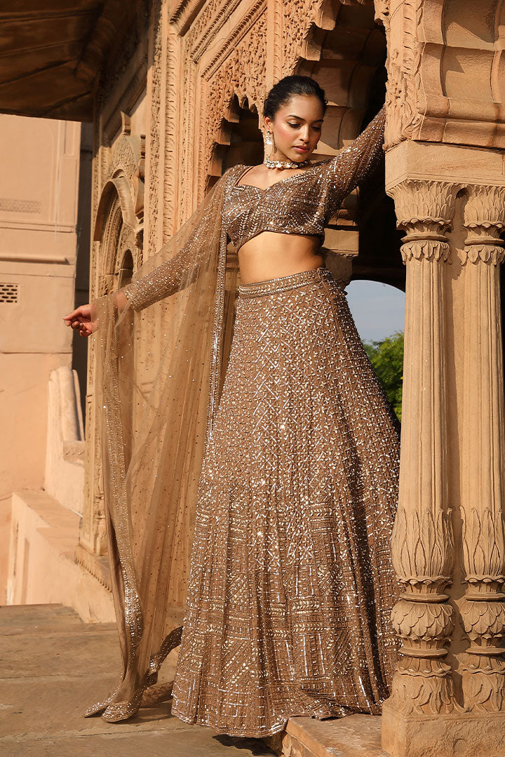 Copper Gold Sequin Pearl Embellished Lehenga Set