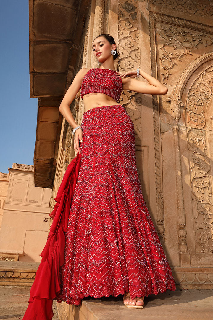 Deep Red Embroidered Lehenga Set