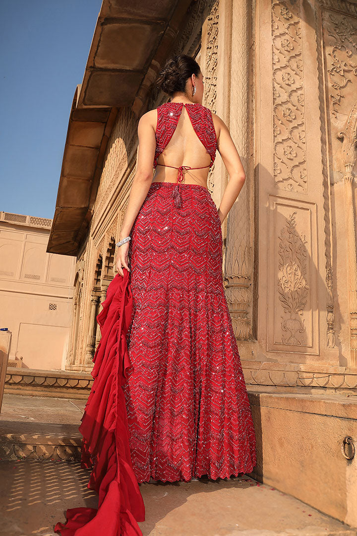 Deep Red Embroidered Lehenga Set