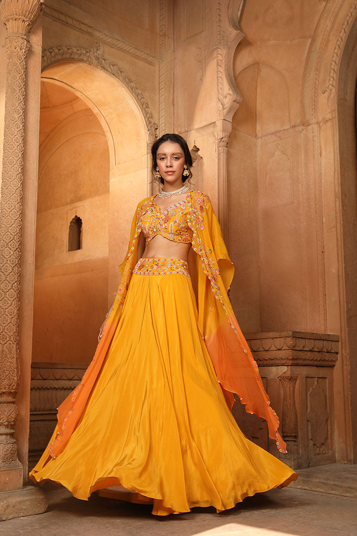 Mango Orange Ombre Embroidered Lehenga Cape Set