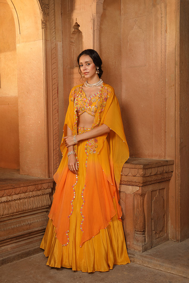 Mango Orange Ombre Embroidered Lehenga Cape Set