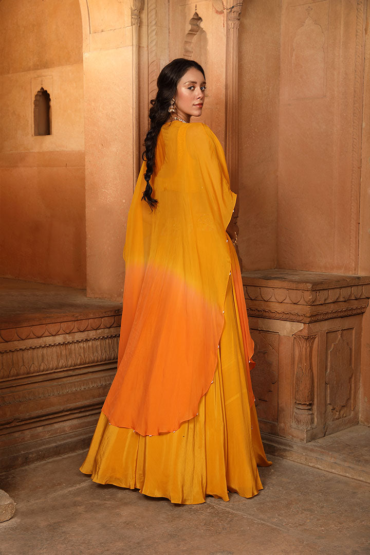 Mango Orange Ombre Embroidered Lehenga Cape Set