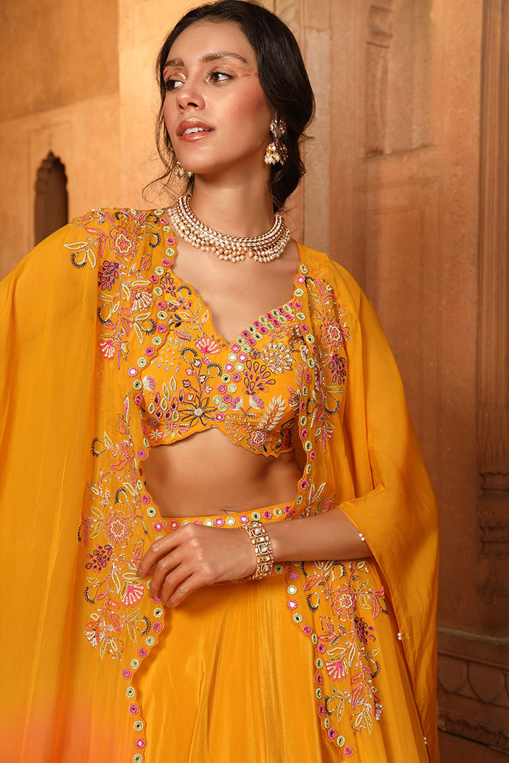 Mango Orange Ombre Embroidered Lehenga Cape Set