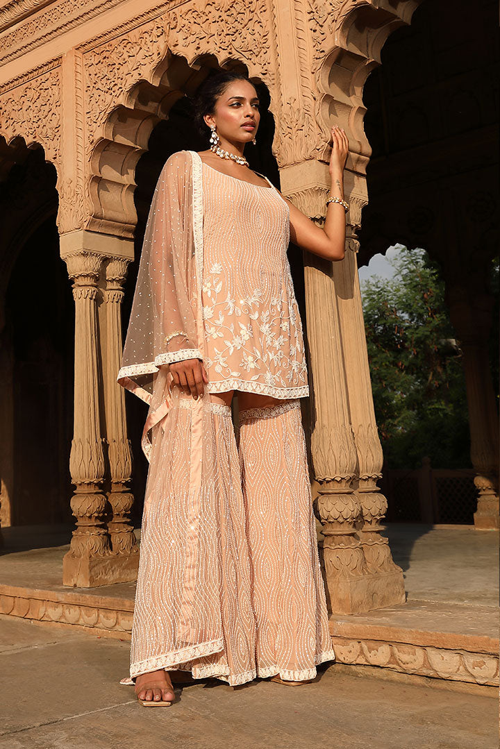 Soft Peach Embroidered Gharara Set