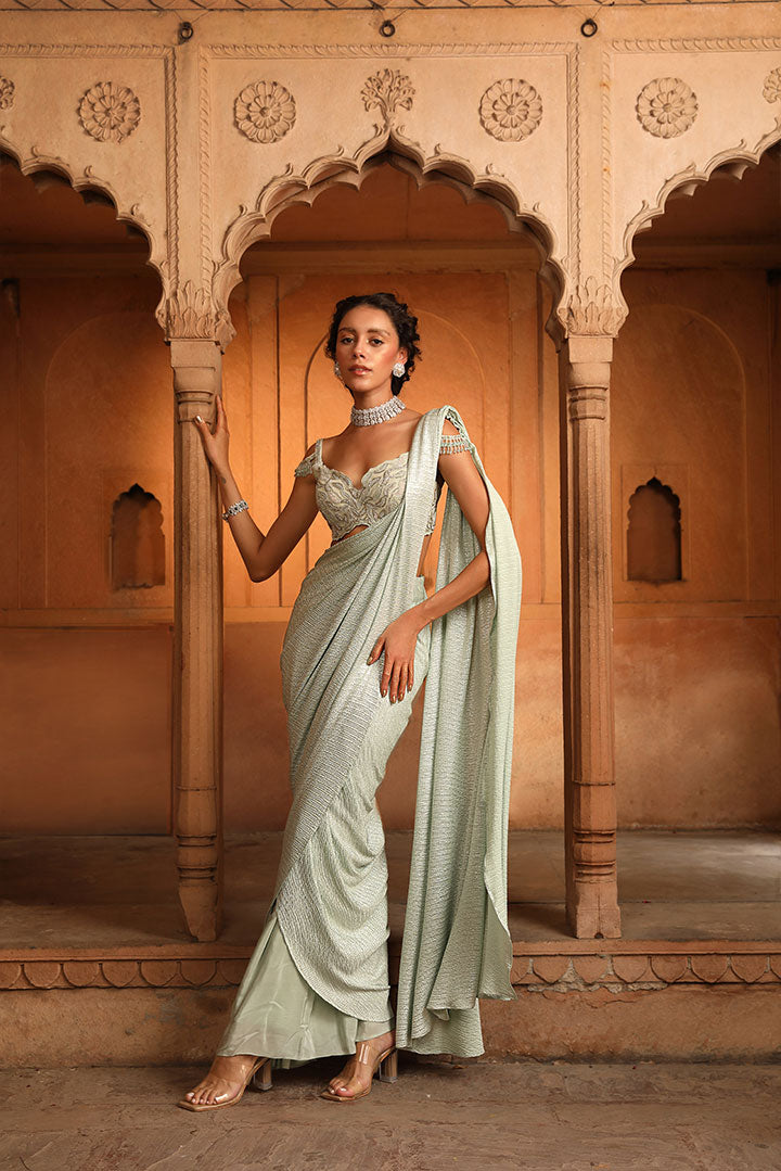 Sage Green Foiled Embroidered Pre draped Saree