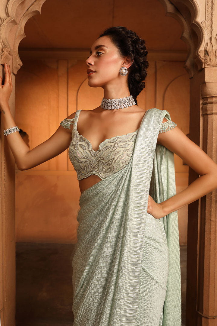 Sage Green Foiled Embroidered Pre draped Saree