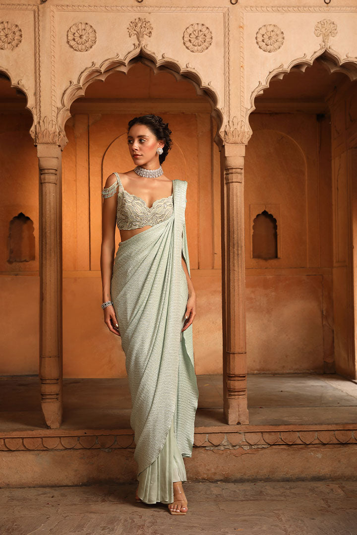 Sage Green Foiled Embroidered Pre draped Saree