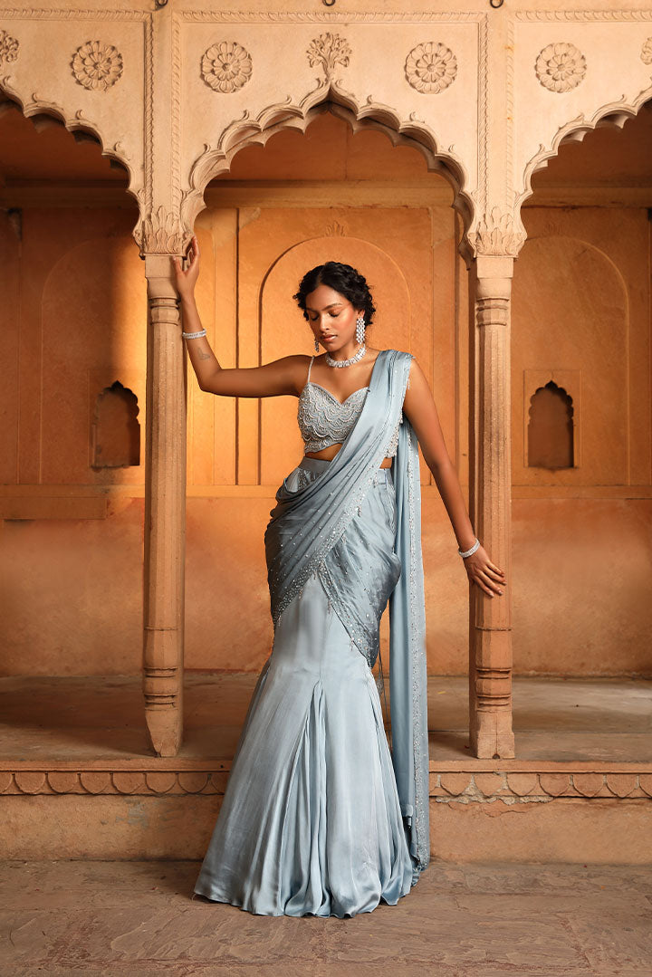 Elegant Sea Blue Embroidered Saree Gown