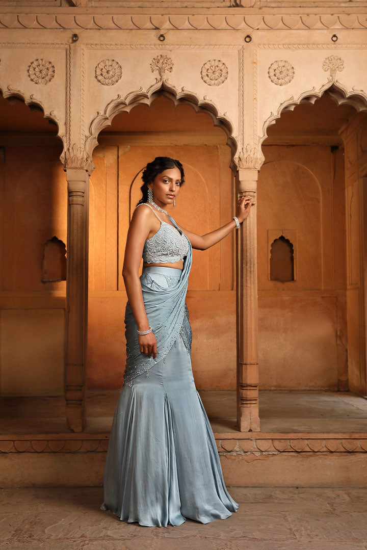 Elegant Sea Blue Embroidered Saree Gown