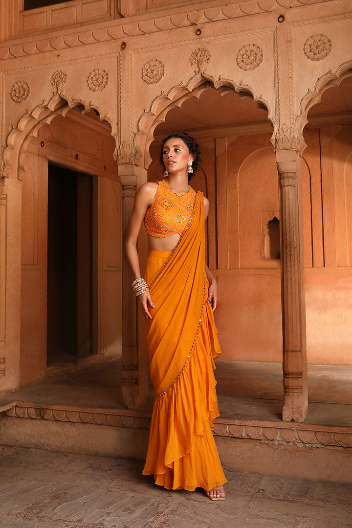 Tangerine Orange Embroidered Pre draped Saree