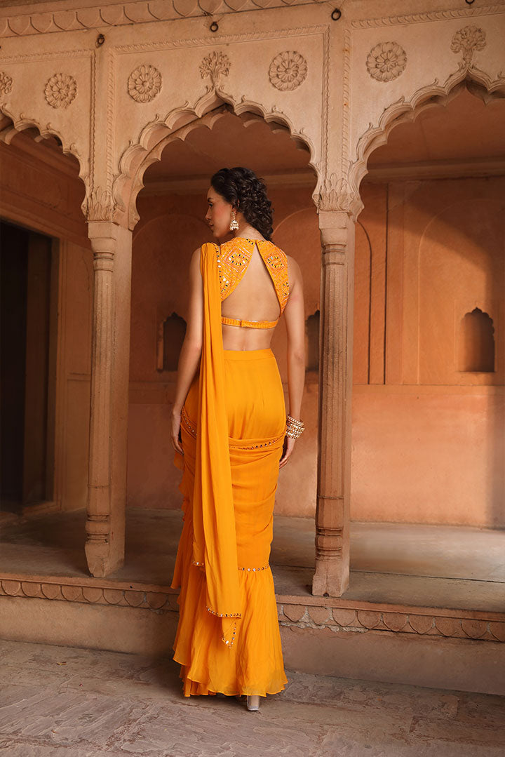 Tangerine Orange Embroidered Pre draped Saree