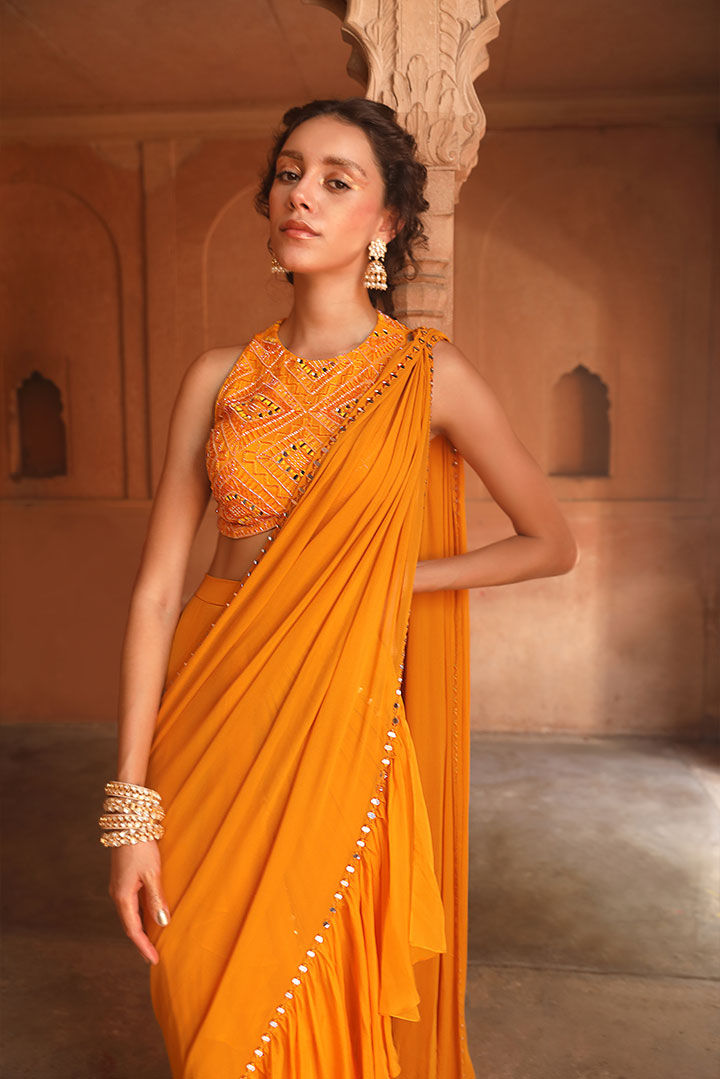 Tangerine Orange Embroidered Pre draped Saree