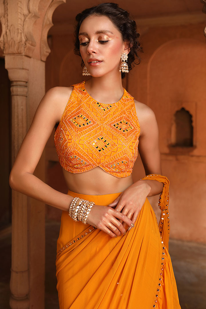 Tangerine Orange Embroidered Pre draped Saree