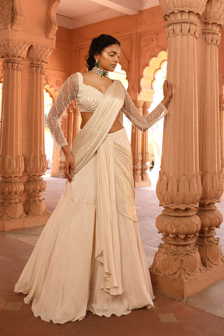 Elegant Ivory Gold Draped Saree Gown