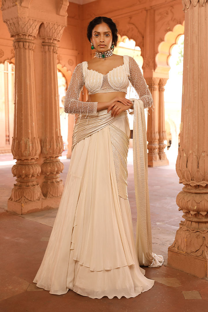 Elegant Ivory Gold Draped Saree Gown