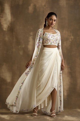 Ivory draped skirt with embroidered crop top & cape