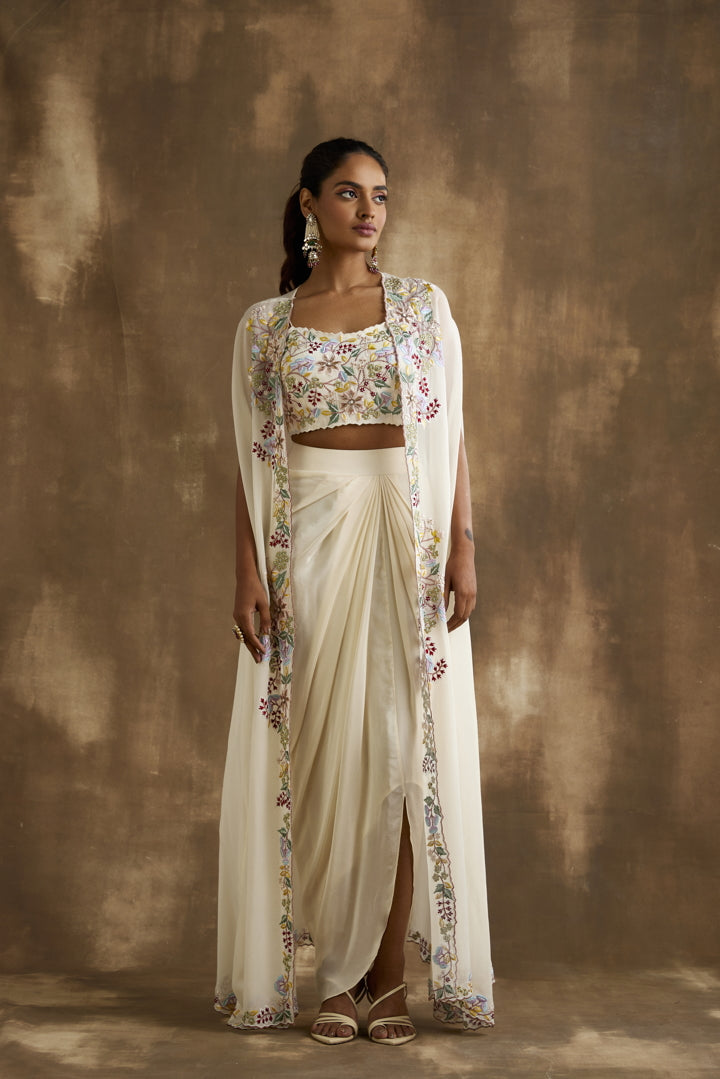 Ivory draped skirt with embroidered crop top & cape