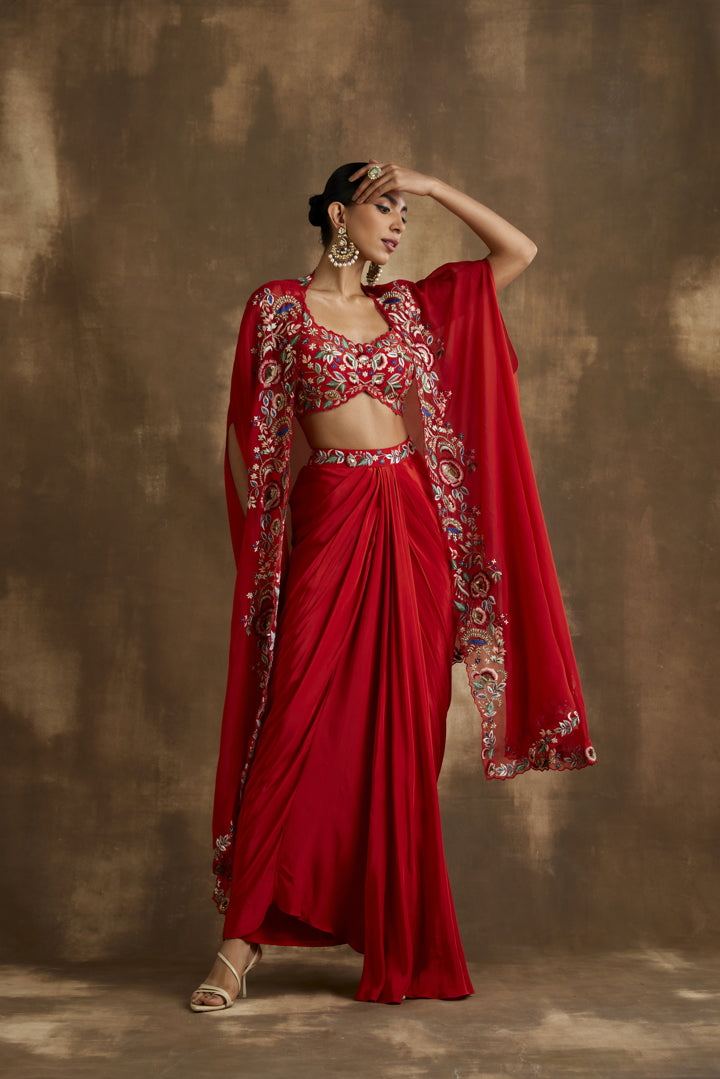 Rust Red draped skirt with embroidered crop top & cape