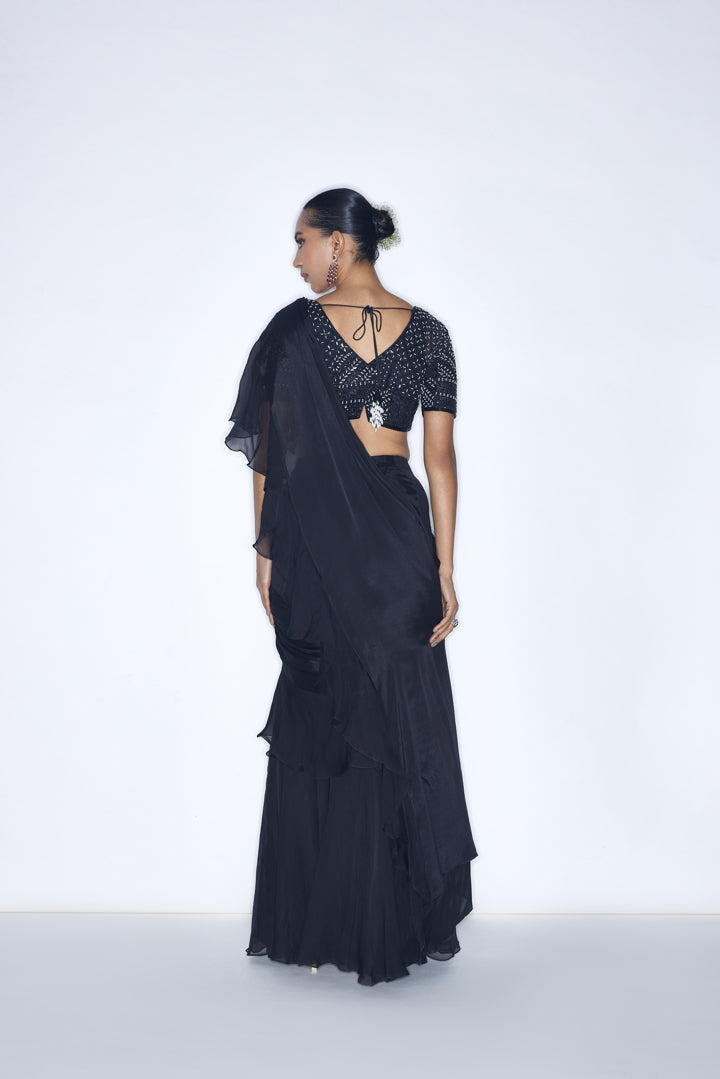 Black pre-draped Ruffled saree set
