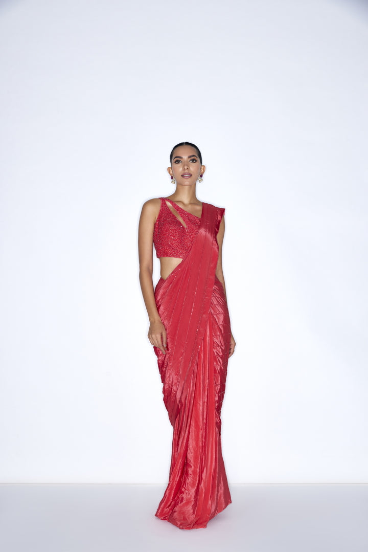 Contemporaray Red  pre draped saree set