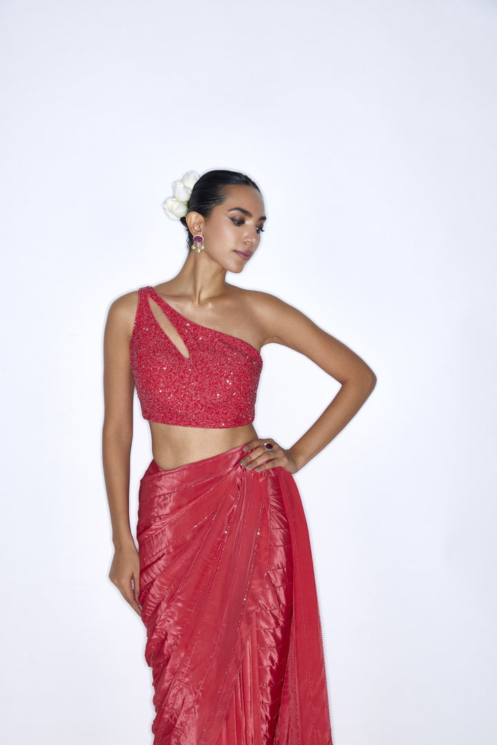Contemporaray Red  pre draped saree set
