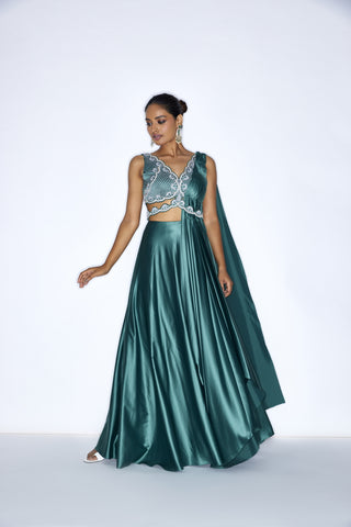Emerald green  pre draped cocktail saree gown