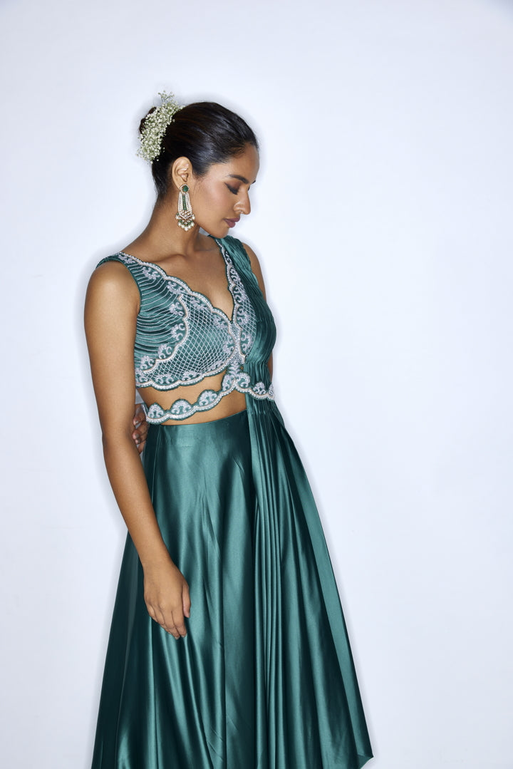 Emerald green  pre draped cocktail saree gown