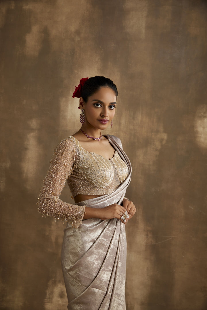 Elegant Gold Pre draped Saree