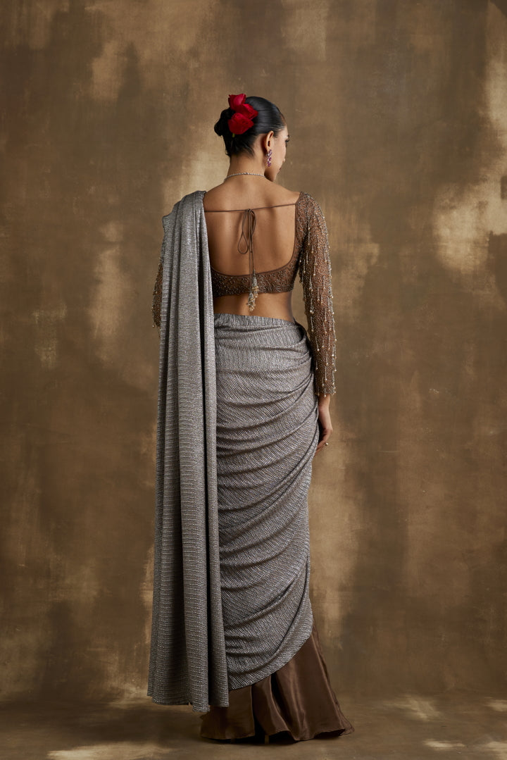 Elegant Copper and dull gold Pre draped Saree
