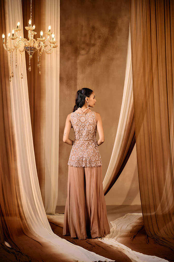 Beige Top with rose gold embroidery  and sharara