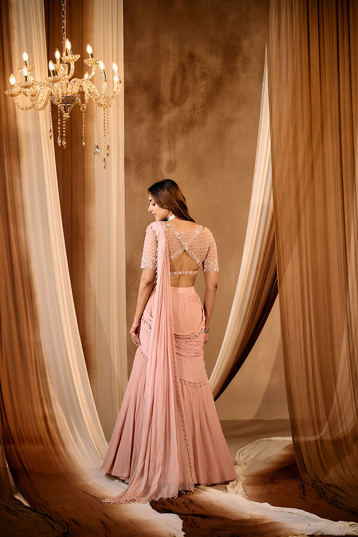 Elegant Pink embroidered Draped saree gown