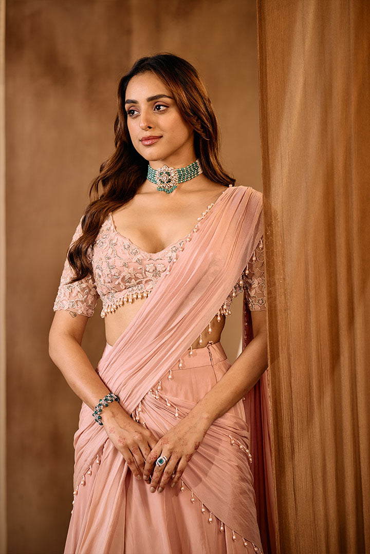 Elegant Pink embroidered Draped saree gown
