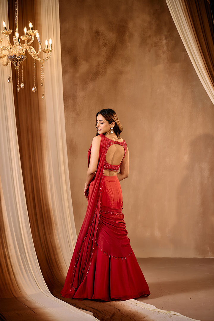 Red draped lehenga saree set