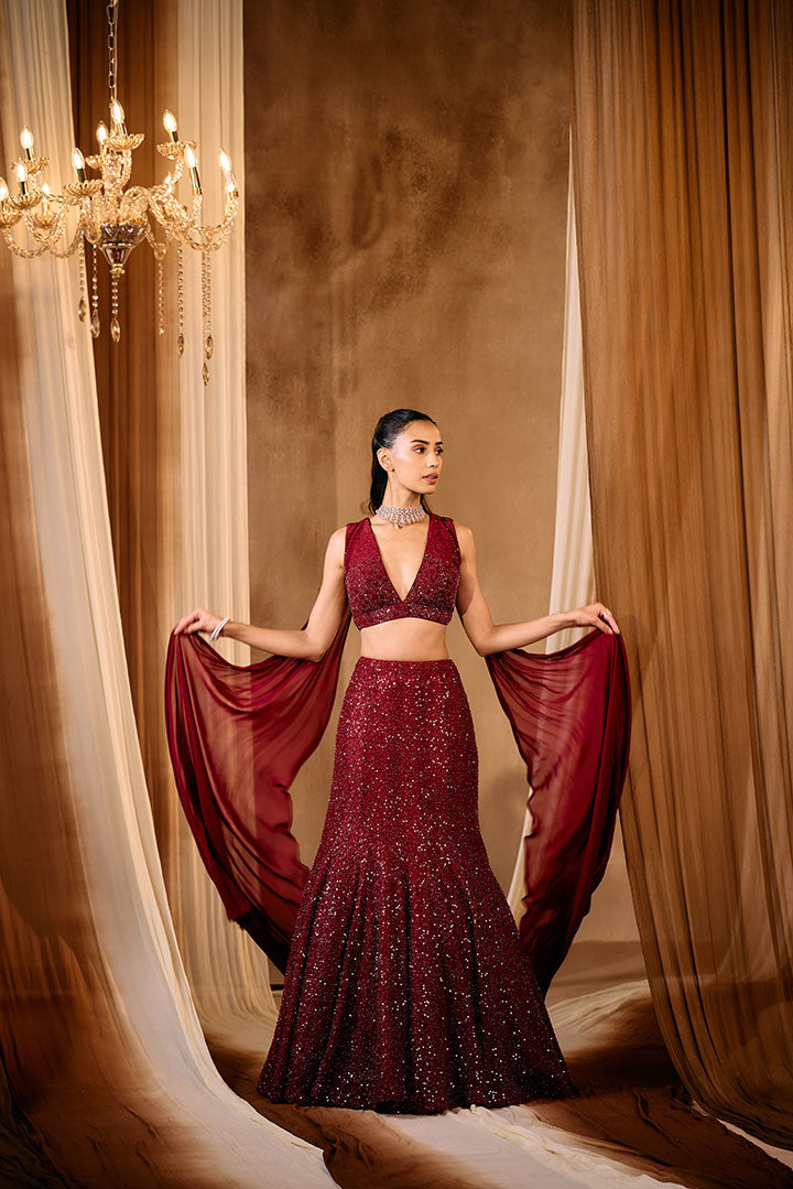 Maroon Embroidered Fish cut Lehenga set